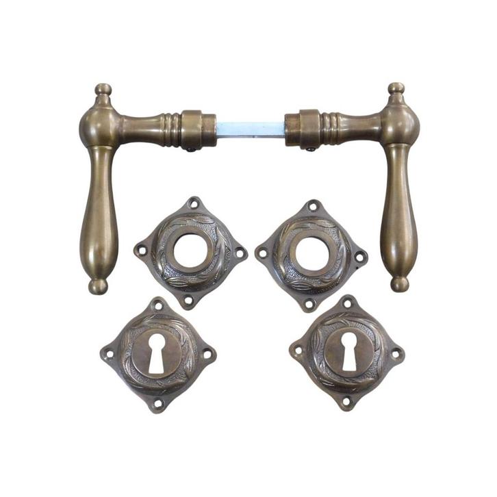 Set deurklinken met rozetten, Art Nouveau motief 3 lelies, Doe-het-zelf en Verbouw, Hang- en Sluitwerk, Ophalen of Verzenden
