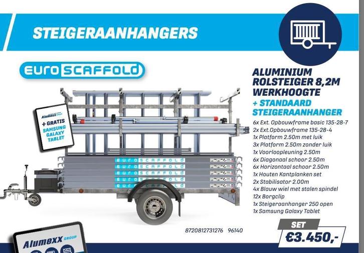 Professionele Steigerset EuroScaffold 8.2 WH + Aanhanger, Doe-het-zelf en Verbouw, Steigers, 5 meter of hoger, Nieuw, Rolsteiger of Kamersteiger
