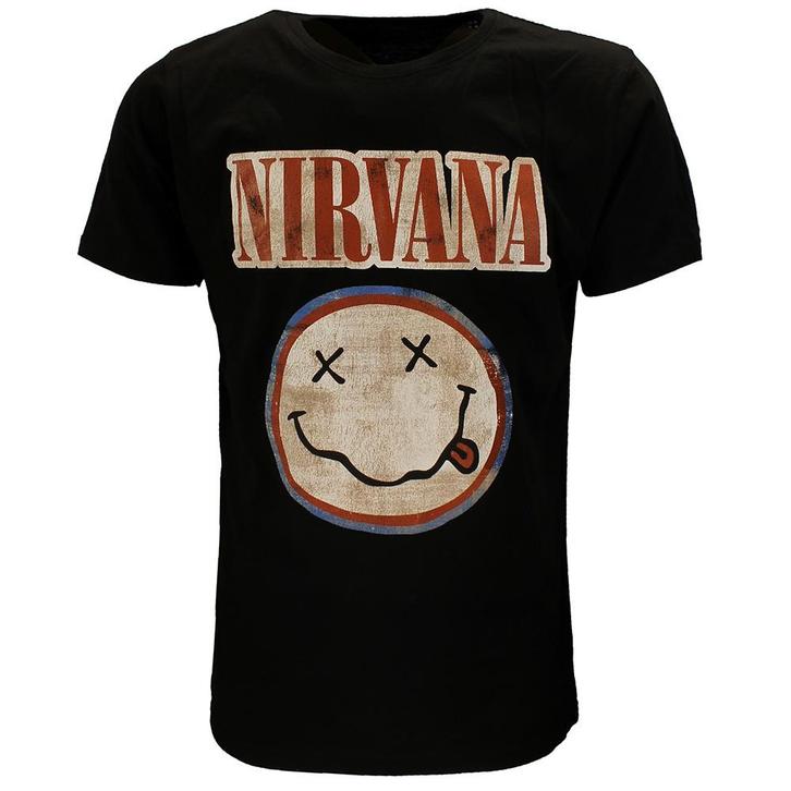 Nirvana Distressed Logo Smiley T-Shirt - Officiële, Kleding | Heren, T-shirts, Verzenden