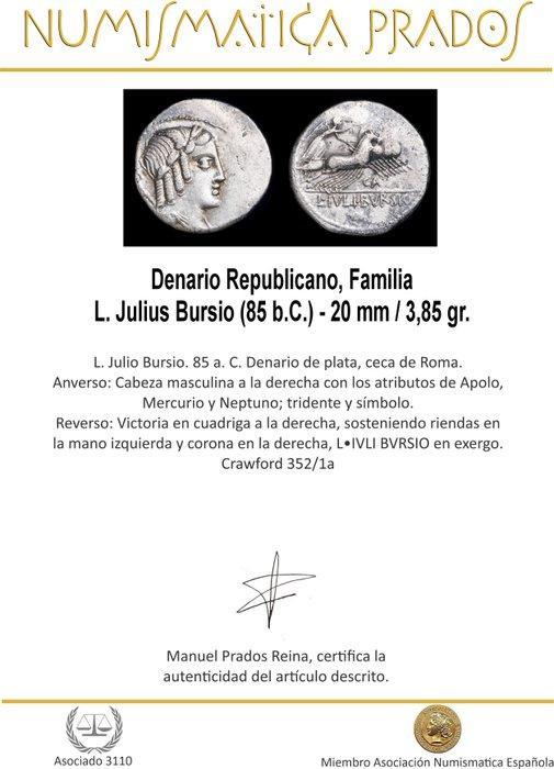 Romeinse Republiek. L. Iulius Bursio, 85 a.C.. Denarius Roma, Postzegels en Munten, Munten | Europa | Niet-Euromunten
