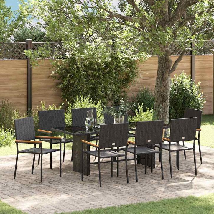 vidaXL Tuin Eetset 9 pcs Zwart poly rattan, Tuin en Terras, Tuinstoelen, Nieuw, Rotan, Verzenden