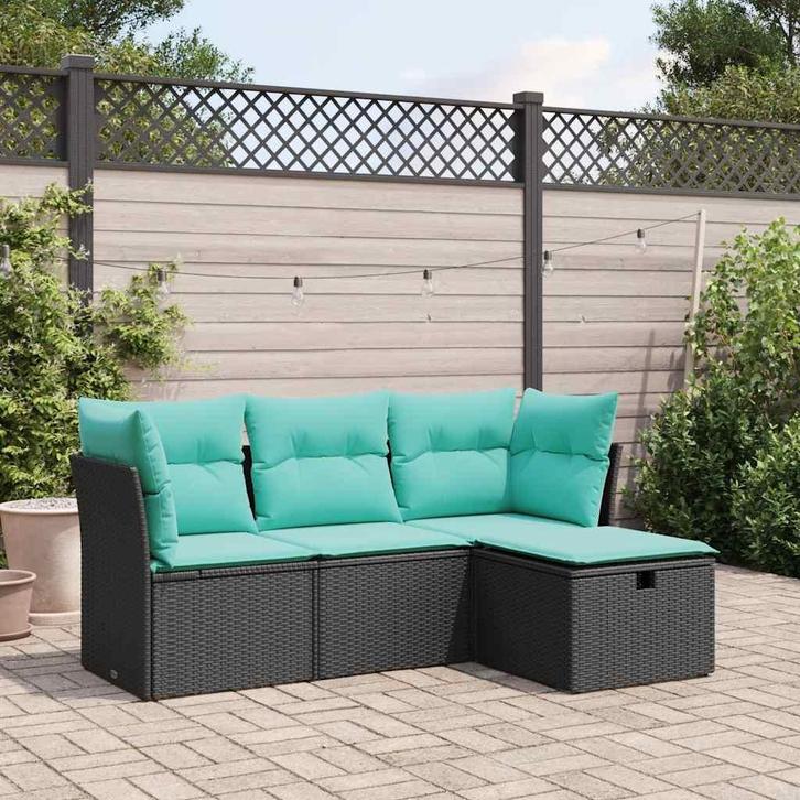 vidaXL 4-delige Loungeset met kussens poly rattan zwart, Tuin en Terras, Tuinsets en Loungesets, Loungeset, Nieuw, Rotan, Verzenden