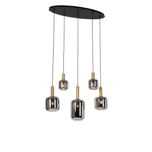 Smart hanglamp zwart met goud en smoke glas ovaal 5-lichts, Huis en Inrichting, Lampen | Hanglampen, Nieuw, Glas, 75 cm of meer