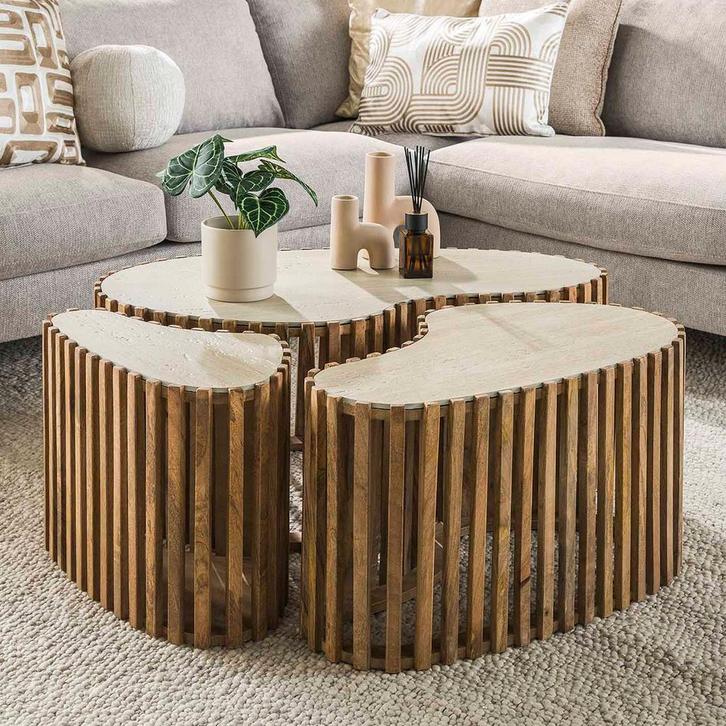 *WOONWINKEL* Organische Salontafelset Travertin, Huis en Inrichting, Tafels | Salontafels, Nieuw, Verzenden