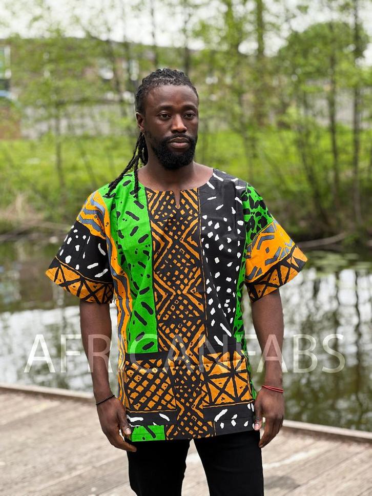 Groen / zwart Bogolan Dashiki Shirt / Dashiki Jurk - Afrikaa, Kleding | Heren, Overige Herenkleding, Nieuw, Ophalen of Verzenden
