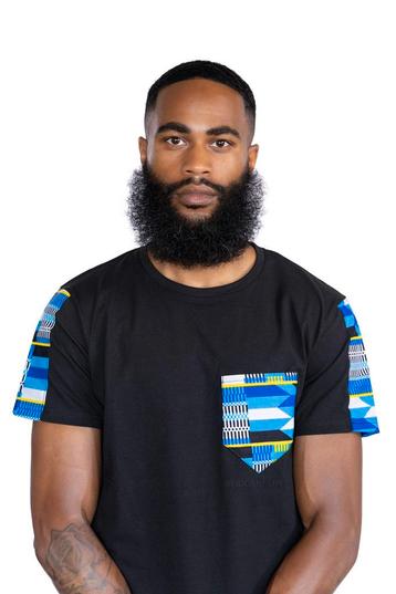 T-shirt met Afrikaanse print details - Blauwe kente borstzak beschikbaar voor biedingen
