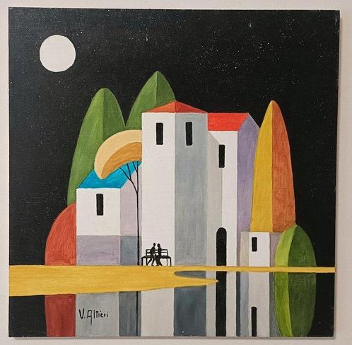 Vittorio Altieri (1977) - Silenzio di luna sul borgo, Antiek en Kunst, Kunst | Schilderijen | Klassiek