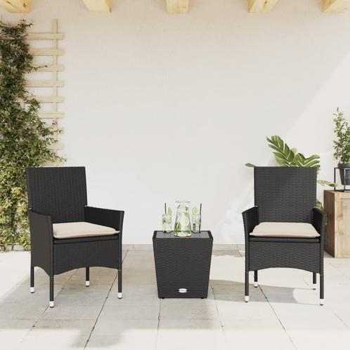 vidaXL 3-delige Bistroset met kussens poly rattan en glas, Tuin en Terras, Tuinsets en Loungesets, Nieuw, Rotan, Verzenden