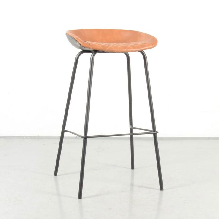 Barkruk Pori, cognac / zwart leder, 4-poot onderstel, Huis en Inrichting, Stoelen, Ophalen of Verzenden
