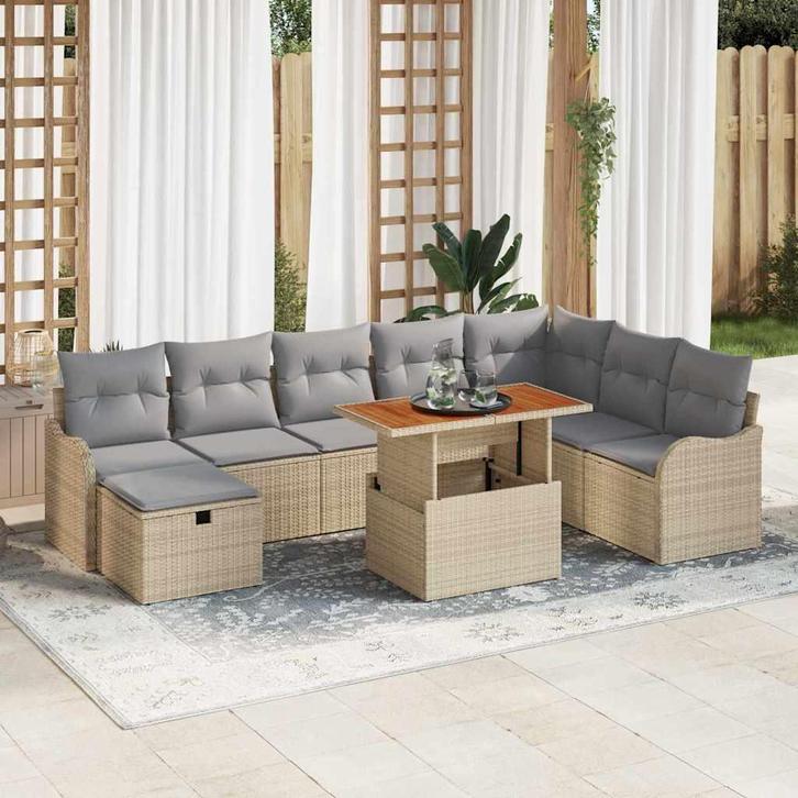 vidaXL Tuinbankenset met kussen met opslag 9 pcs Beige poly, Tuin en Terras, Tuinsets en Loungesets, Nieuw, Rotan, Verzenden