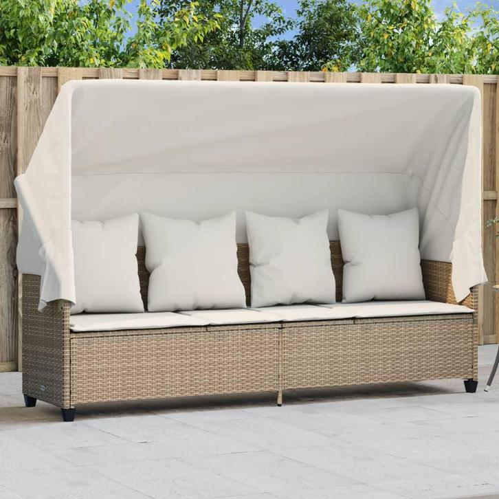 vidaXL Ligbed met luifel en kussen poly rattan beige, Tuin en Terras, Ligbedden, Nieuw, Verzenden
