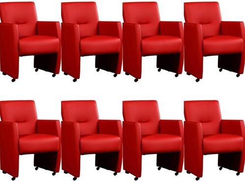 Set van 8 Rode leren moderne eetkamerfauteuils - Toledo Leer, Huis en Inrichting, Stoelen, Vijf, Zes of meer stoelen, Overige kleuren