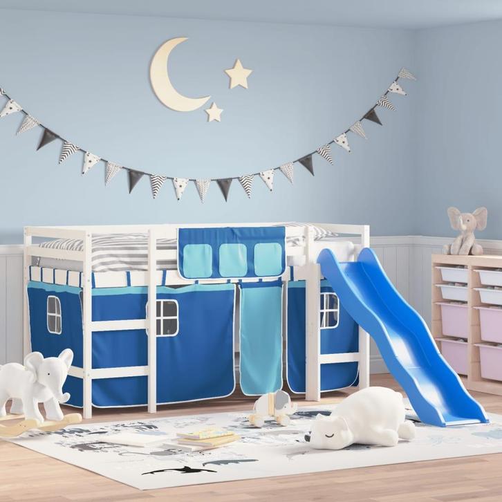 vidaXL Kinderhoogslaper met gordijnen 80x200 cm grenenhout, Huis en Inrichting, Slaapkamer | Bedden, 80 cm, 200 cm, Blauw, Eenpersoons