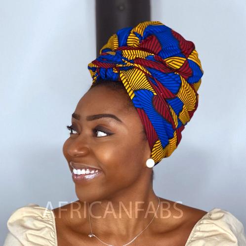 Afrikaanse hoofddoek / Vlisco headwrap - Rood / Blauw / Gele, Kleding | Dames, Hoeden en Petten, Nieuw, Ophalen of Verzenden