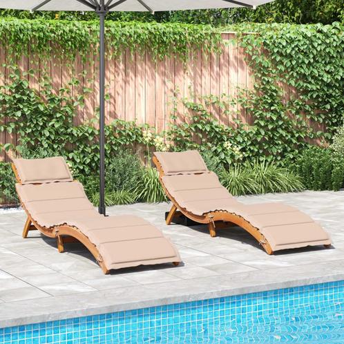 vidaXL Ligstoelen 2 st met kussens massief acaciahout beige, Tuin en Terras, Ligbedden, Nieuw, Verzenden