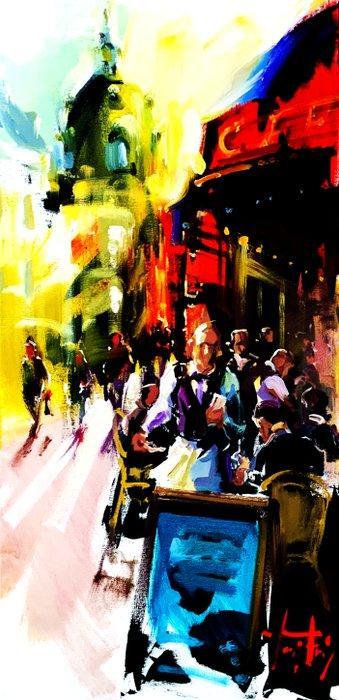Jurij Frey - Café, Paris, Antiek en Kunst, Kunst | Schilderijen | Modern