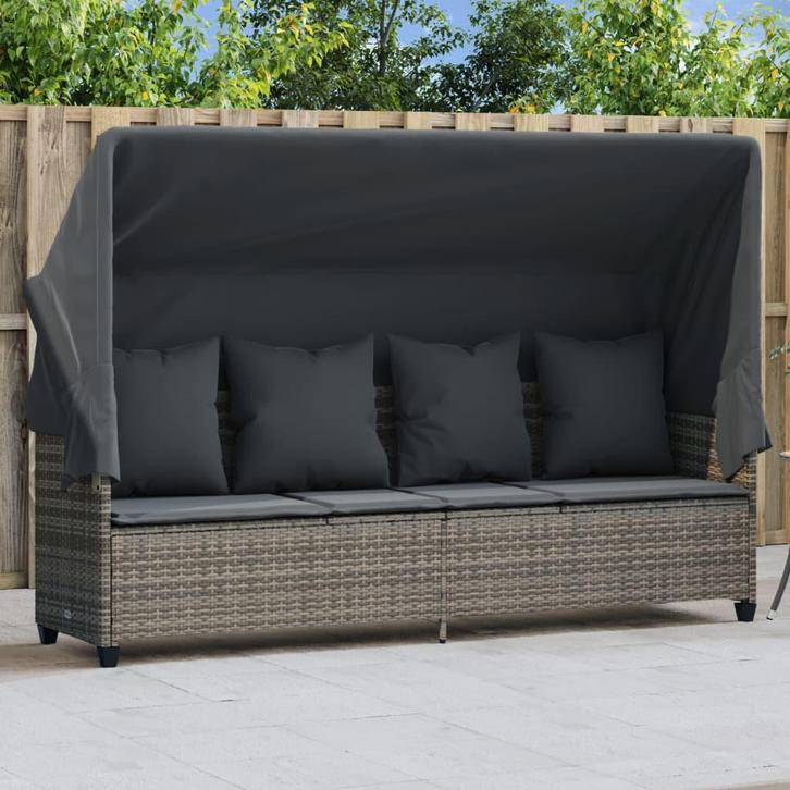 vidaXL Ligbed met luifel en kussens poly rattan grijs, Tuin en Terras, Ligbedden, Nieuw, Verzenden