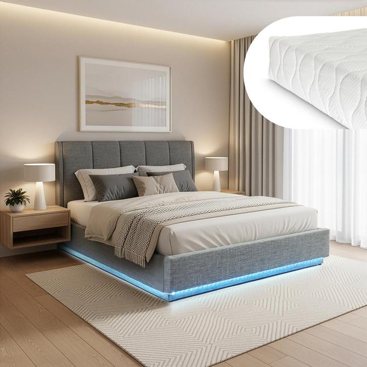 Tweepersoonsbed Tröstiar met matras en LED 160x200 cm antrac, Huis en Inrichting, Slaapkamer | Bedden, Verzenden