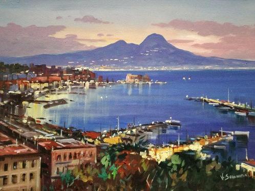 Vincenzo Somma (1955) - Napoli di sera (golfo di Napoli), Antiek en Kunst, Kunst | Schilderijen | Klassiek