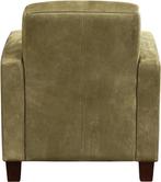 Olijfgroene leren landelijke fauteuil - poot hout zwart - Ke, Huis en Inrichting, Fauteuils, Nieuw, Ophalen of Verzenden, Landelijk