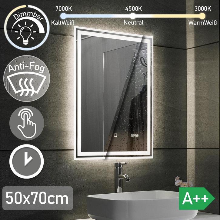 LED Badkamer spiegel 50x 70 cm, digitale klok, dimbaar, anti, Huis en Inrichting, Overige Huis en Inrichting, Nieuw, Verzenden