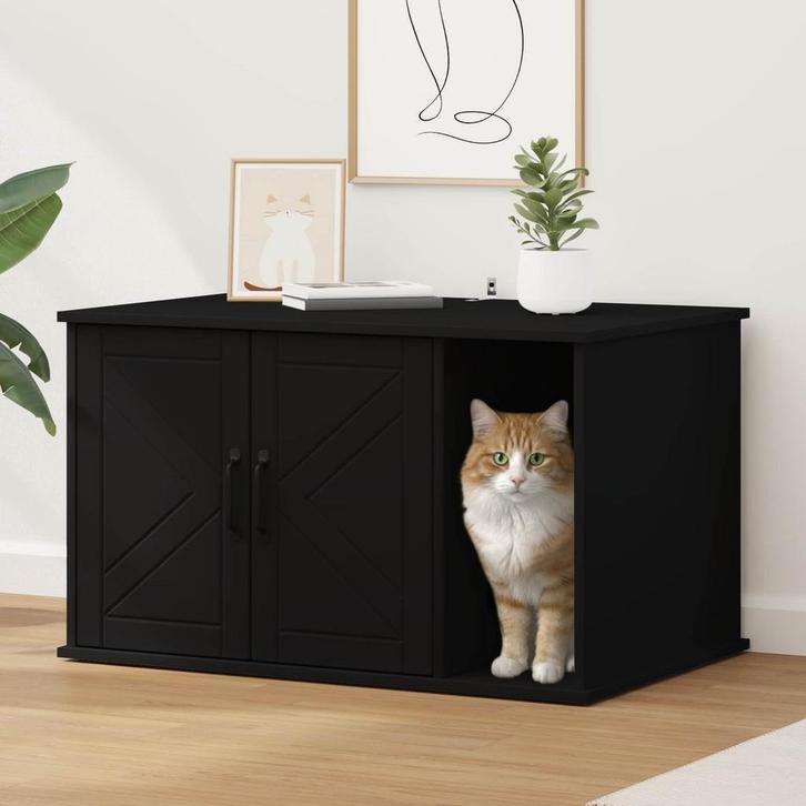 vidaXL Kattenhuis Zwart 85 x 55 x 50 cm Bewerkt hout, Dieren en Toebehoren, Katten-accessoires, Nieuw, Verzenden