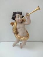 Snijwerk, Holzfigur - farbiger Engel mit Trompete - Amor -, Antiek en Kunst, Antiek | Boeken en Bijbels
