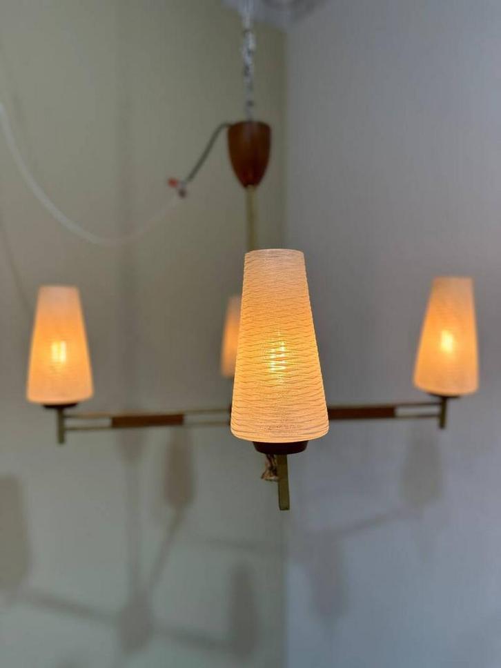 Vintage plafondlamp, 4-armige lamp, Huis en Inrichting, Lampen | Plafondlampen, Gebruikt, Glas, Hout, Metaal