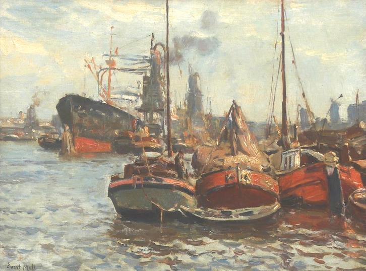 Evert Moll (1878-1955), ‘Bedrijvigheid in Rotterdamse haven’, Antiek en Kunst, Kunst | Schilderijen | Klassiek