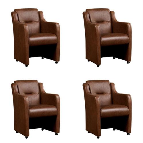 Set van 4 Bruine leren landelijke eetkamerfauteuils - Vintag, Huis en Inrichting, Stoelen, Vier, Overige kleuren, Nieuw, Leer