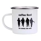 Emaille beker soldaten wit - Coffee First! NIEUW, Huis en Inrichting, Keuken | Servies, Ophalen of Verzenden, Nieuw