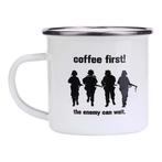 Emaille beker soldaten wit - Coffee First! NIEUW, Nieuw, Ophalen of Verzenden