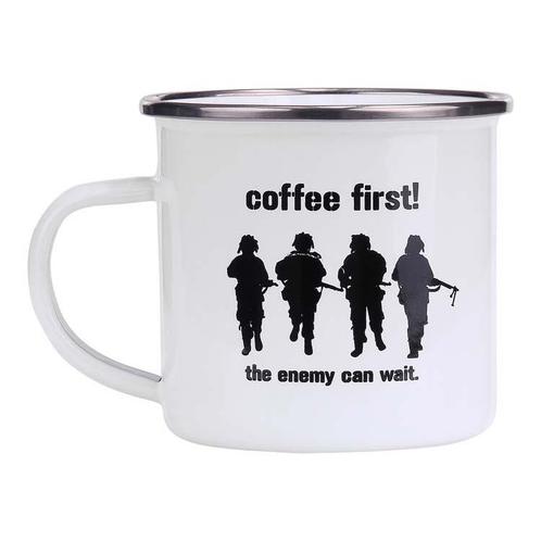 Emaille beker soldaten wit - Coffee First! NIEUW, Huis en Inrichting, Keuken | Servies, Nieuw, Ophalen of Verzenden