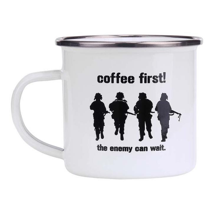 Emaille beker soldaten wit - Coffee First! NIEUW, Huis en Inrichting, Keuken | Servies, Nieuw, Ophalen of Verzenden