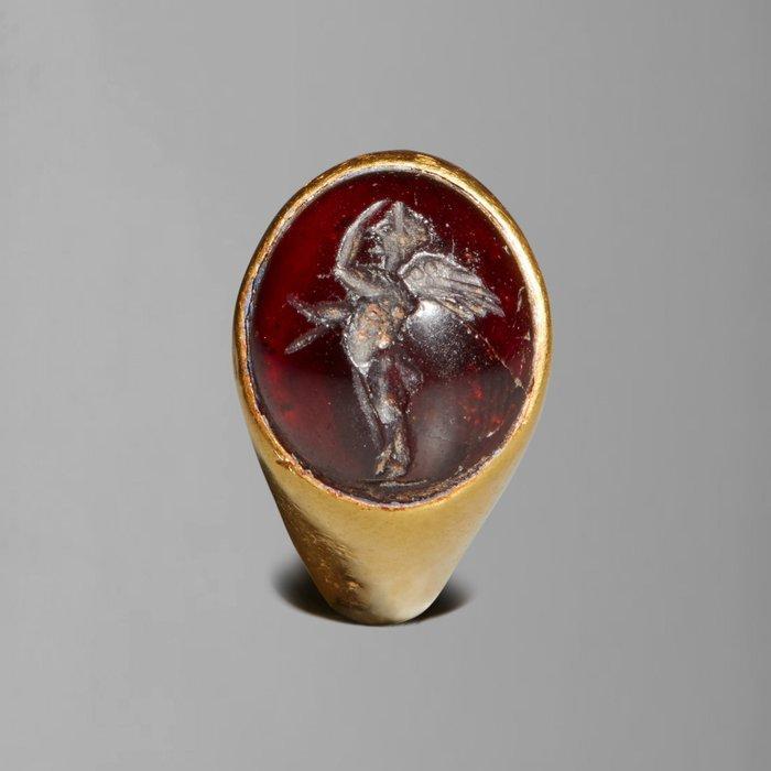 Oud-Grieks Goud, Granaat Ring met de God Eros gegraveerd in, Verzamelen, Mineralen en Fossielen