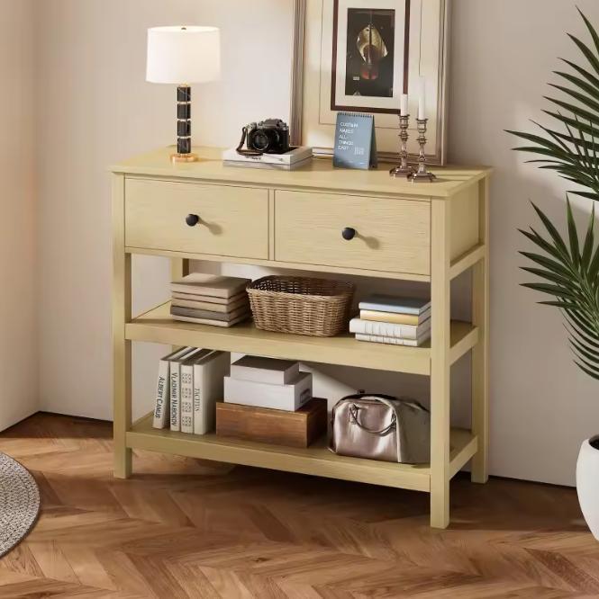 Nieuwe Houten Consoletafel – 2 Lades en Planken, 85x35x77cm, Antiek en Kunst, Antiek | Meubels | Tafels, Verzenden