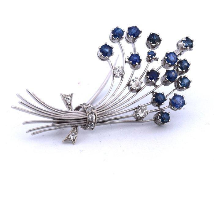 Broche - 18 karaat Witgoud - 2.50ct. tw. Saffier - Diamant, Sieraden, Tassen en Uiterlijk, Antieke sieraden