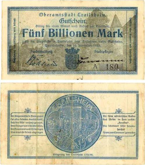 Duitsland 5 Billionen Mark Crailsheim 1923 Notgeld gebrau..., Postzegels en Munten, Munten | Nederland, Verzenden
