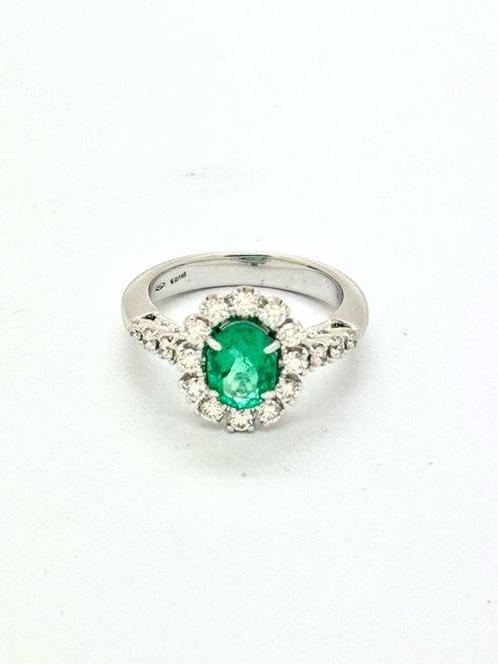 Ring - 18 karaat Witgoud - Smaragd en diamanten, Sieraden, Tassen en Uiterlijk, Ringen