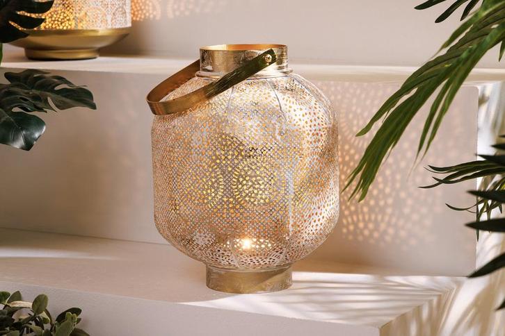 Deco lantaarn ORIENT 25cm goud metaal met patina, Huis en Inrichting, Woonaccessoires | Vazen, Ophalen of Verzenden