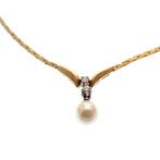 Gouden gematteerde dames collier; Parel en diamant 0,12 |..., Gebruikt, Overige kleuren, Ophalen of Verzenden, Met edelsteen