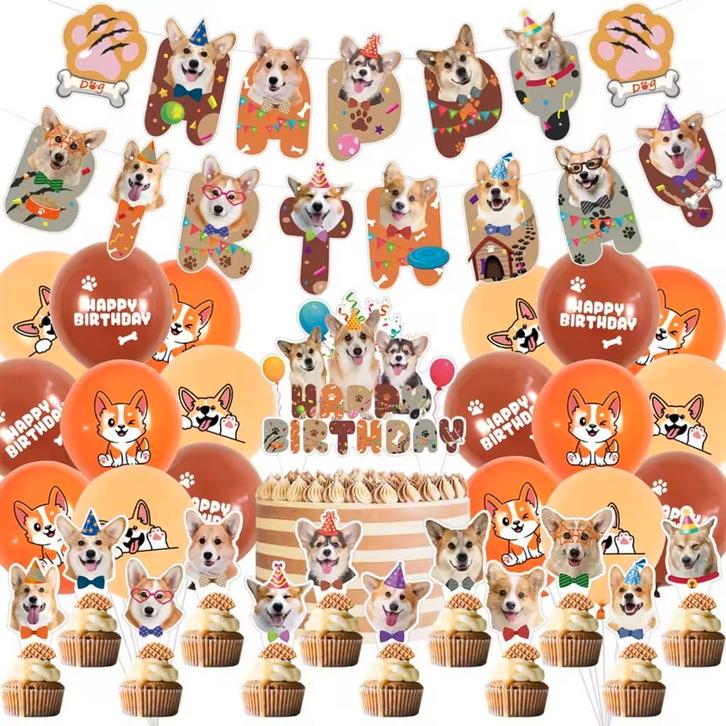 32-delige honden decoratie set Happy Birthday Corgis, Dieren en Toebehoren, Honden-accessoires, Nieuw, Verzenden