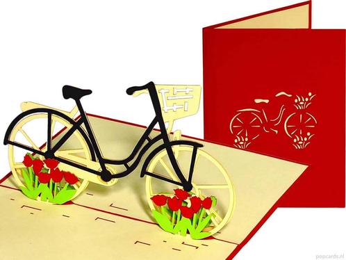 Hollandse fiets met rode tulpen 3D pop-up wenskaart, Diversen, Wenskaarten, Verzenden