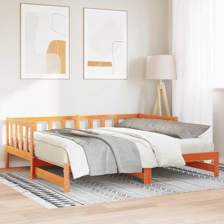 vidaXL Uittrekbare Dagbed Wasbruin 2 x (90x190) cm Massief, Huis en Inrichting, Slaapkamer | Bedden, 90 cm, 190 cm of minder, Bruin