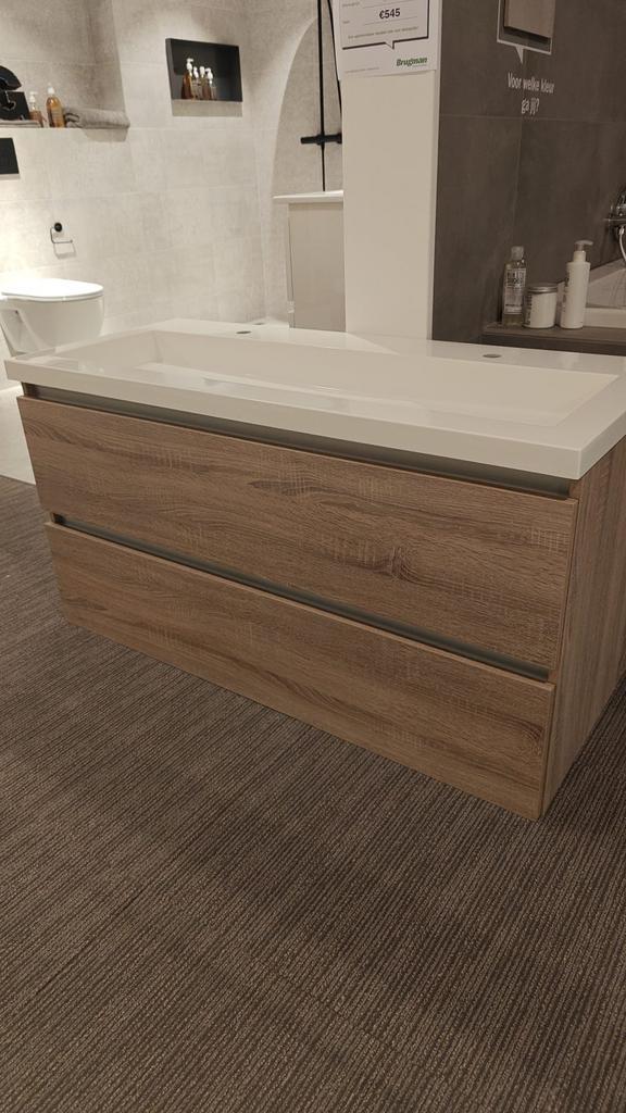 Badmeubel eiken kleur incl wasbak 120x51cm greeploos, Huis en Inrichting, Badkamer | Badkamermeubels, Wastafelkast, Nieuw, Verzenden