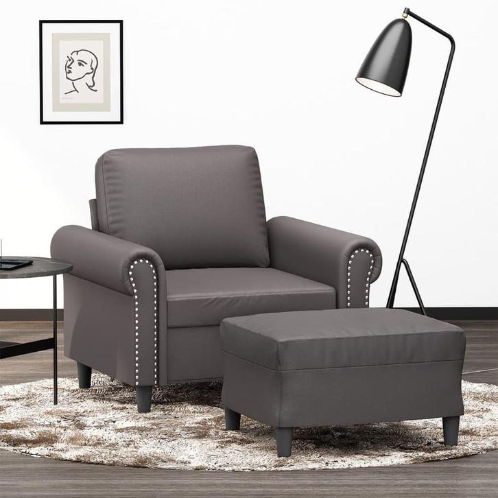 vidaXL Fauteuil met voetenbank 60 cm kunstleer grijs, Huis en Inrichting, Banken | Bankstellen, Nieuw, Minder dan 150 cm, Leer