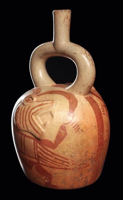 Moche schoof-uitloopfles met zoomorfe gevleugelde godheden -, Verzamelen, Mineralen en Fossielen