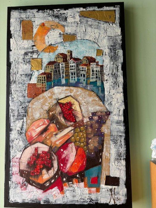 Leo Nisi (1959) - Mangiar frutta al chiaro di luna, Antiek en Kunst, Kunst | Schilderijen | Modern