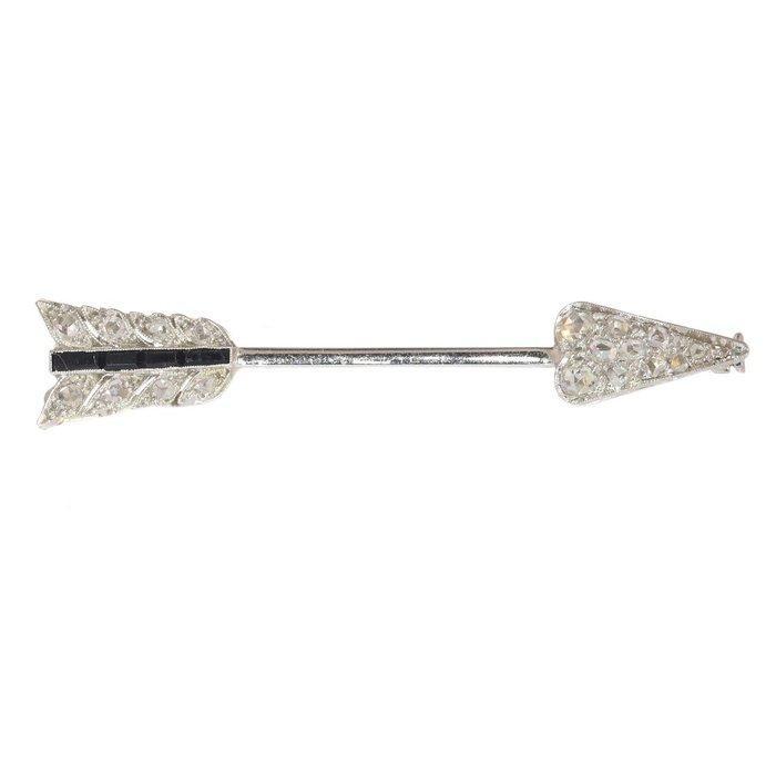 Broche - 18 karaat Witgoud Diamant (Natuurlijk) - Onyx - Art, Sieraden, Tassen en Uiterlijk, Antieke sieraden