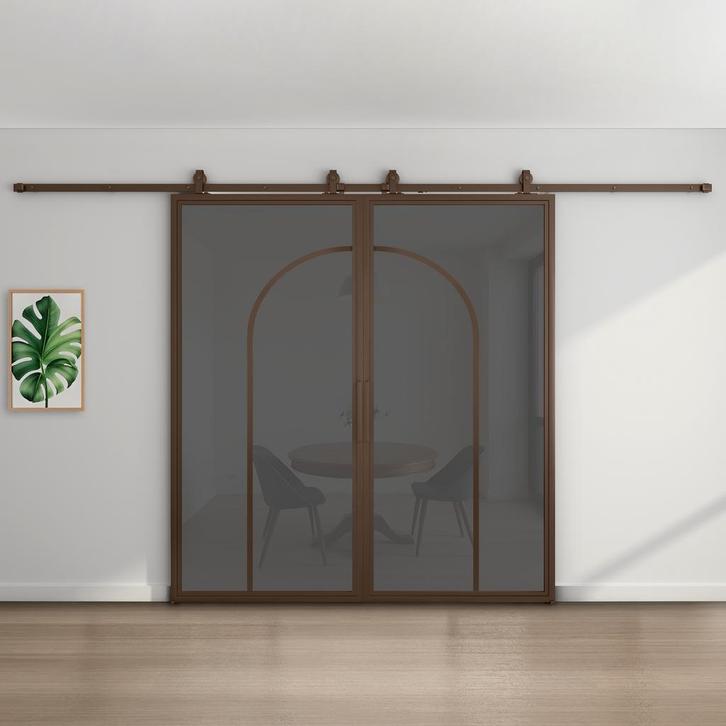 Dubbele stalen schuifdeur - Brons - 2 Vlaks rond - Rook glas, Doe-het-zelf en Verbouw, Kozijnen en Schuifpuien, Nieuw, Inclusief glas